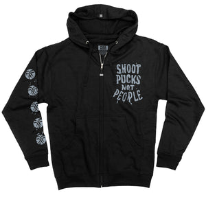 PUCK HCKY ‘Shoot Pucks Not People - Eagle Worldwide’ full zip hockey hoodie in black front view