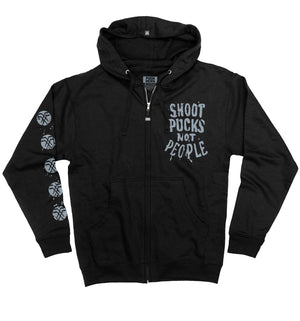 PUCK HCKY ‘Shoot Pucks Not People - Eagle Worldwide’ full zip hockey hoodie in black front view