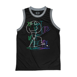 PUCK HCKY 'Shoot Pucks Not People - Hel's Guy' sleeveless basketball jersey in black, grey, and white front view