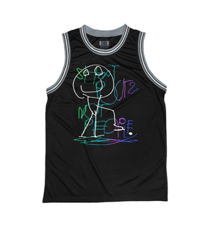 PUCK HCKY 'Shoot Pucks Not People - Hel's Guy' sleeveless basketball jersey in black, grey, and white front view