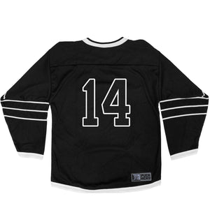 PUCK HCKY 'Shoot Pucks Not People - Hel's Guy' hockey jersey in black and white back view