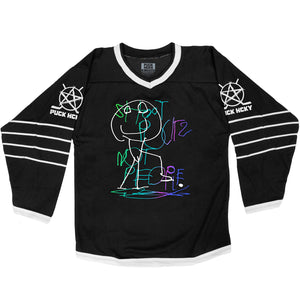 PUCK HCKY 'Shoot Pucks Not People - Hel's Guy' hockey jersey in black and white front view
