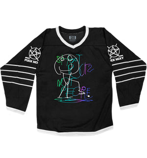 PUCK HCKY 'Shoot Pucks Not People - Hel's Guy' hockey jersey in black and white front view