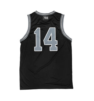 PUCK HCKY 'Shoot Pucks Not People - Or Death' sleeveless basketball jersey in black, grey, and white back view