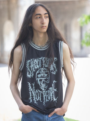 PUCK HCKY 'Shoot Pucks Not People - Or Death' sleeveless basketball jersey in black, grey, and white front view ono model