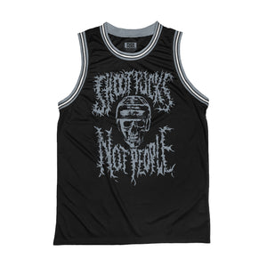 PUCK HCKY 'Shoot Pucks Not People - Or Death' sleeveless basketball jersey in black, grey, and white front view