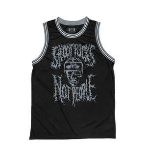 PUCK HCKY 'Shoot Pucks Not People - Or Death' sleeveless basketball jersey in black, grey, and white front view