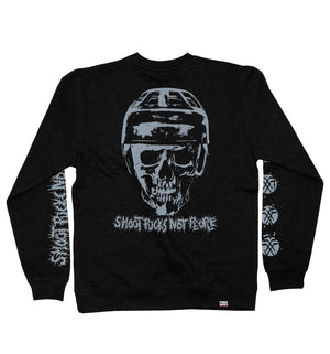 PUCK HCKY 'Shoot Pucks Not People - Or Death' crewneck sweatshirt in black back view