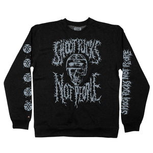 PUCK HCKY 'Shoot Pucks Not People - Or Death' crewneck sweatshirt in black front view