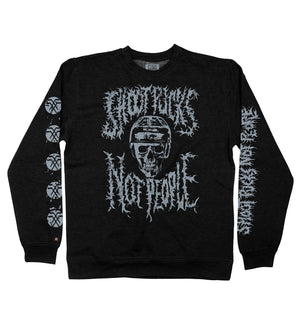 PUCK HCKY 'Shoot Pucks Not People - Or Death' crewneck sweatshirt in black front view