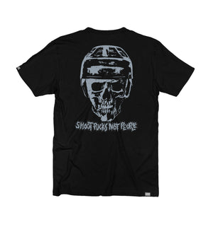 PUCK HCKY 'Shoot Pucks Not People - Or Death' short sleeve t-shirt in black back view