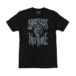 PUCK HCKY 'Shoot Pucks Not People - Or Death' short sleeve t-shirt in black front view