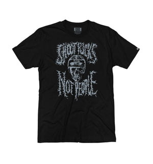 PUCK HCKY 'Shoot Pucks Not People - Or Death' short sleeve t-shirt in black front view