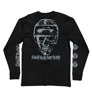 PUCK HCKY 'Shoot Pucks Not People - Or Death' long sleeve hockey t-shirt in black back view