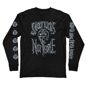 PUCK HCKY 'Shoot Pucks Not People - Or Death' long sleeve hockey t-shirt in black front view