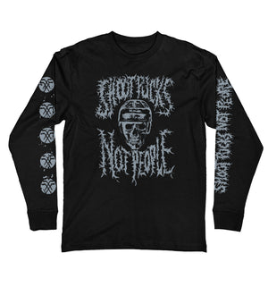 PUCK HCKY 'Shoot Pucks Not People - Or Death' long sleeve hockey t-shirt in black front view