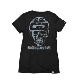 PUCK HCKY 'Shoot Pucks Not People - Or Death' women's short sleeve t-shirt in black back view