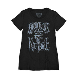 PUCK HCKY 'Shoot Pucks Not People - Or Death' women's short sleeve t-shirt in black front view