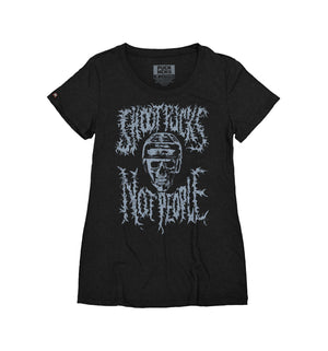 PUCK HCKY 'Shoot Pucks Not People - Or Death' women's short sleeve t-shirt in black front view