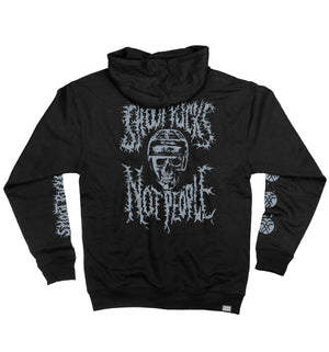 PUCK HCKY ‘Shoot Pucks Not People - Or Death’ full zip hockey hoodie in black back view