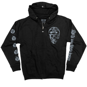 PUCK HCKY ‘Shoot Pucks Not People - Or Death’ full zip hockey hoodie in black front view