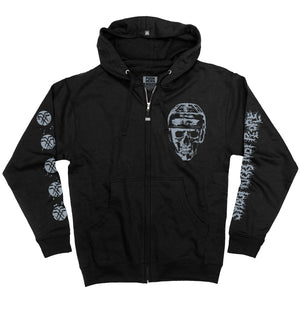 PUCK HCKY ‘Shoot Pucks Not People - Or Death’ full zip hockey hoodie in black front view
