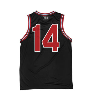 PUCK HCKY 'SHOOT PUCKS NOT PEOPLE - THE BIG SKATE' sleeveless basketball jersey in black, red, and white back view