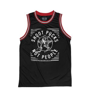 PUCK HCKY 'SHOOT PUCKS NOT PEOPLE - THE BIG SKATE' sleeveless basketball jersey in black, red, and white front view