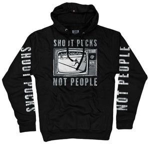 PUCK HCKY 'Shoot Pucks Not People - Television' pullover hockey hoodie in black