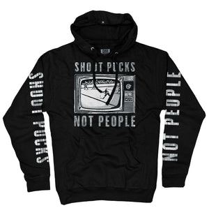 PUCK HCKY 'Shoot Pucks Not People - Television' pullover hockey hoodie in black