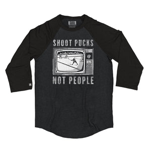 PUCK HCKY 'Shoot Pucks Not People - Television' raglan in graphite heather with black sleeves