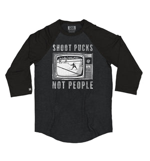 PUCK HCKY 'Shoot Pucks Not People - Television' raglan in graphite heather with black sleeves