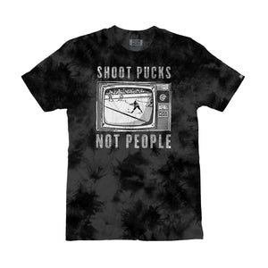 PUCK HCKY 'Shoot Pucks Not People - Television' short sleeve t-shirt in black tie-dye