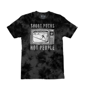 PUCK HCKY 'Shoot Pucks Not People - Television' short sleeve t-shirt in black tie-dye