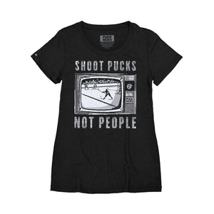 PUCK HCKY 'Shoot Pucks Not People - Television' women's short sleeve t-shirt in black