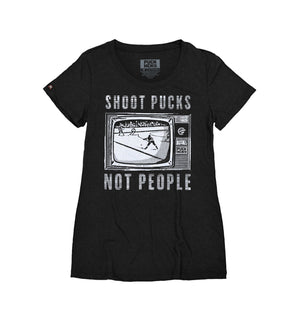 PUCK HCKY 'Shoot Pucks Not People - Television' women's short sleeve t-shirt in black