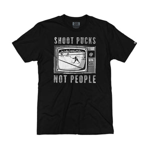 PUCK HCKY 'Shoot Pucks Not People - Television' short sleeve t-shirt in black