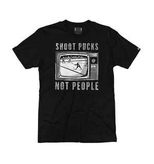 PUCK HCKY 'Shoot Pucks Not People - Television' short sleeve t-shirt in black