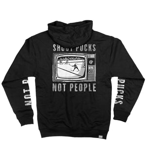PUCK HCKY 'Shoot Pucks Not People - Television' full zip hockey hoodie in black bck view