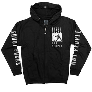 PUCK HCKY 'Shoot Pucks Not People - Television' full zip hockey hoodie in black front view
