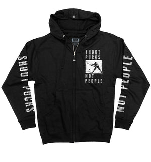 PUCK HCKY 'Shoot Pucks Not People - Television' full zip hockey hoodie in black front view