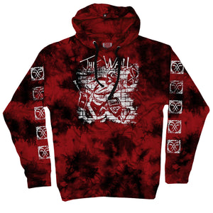 PUCK HCKY 'The Wall' pullover hockey hoodie in red and black tie-dye