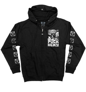 PUCK HCKY ‘The Wall’ full zip hockey hoodie in black front view