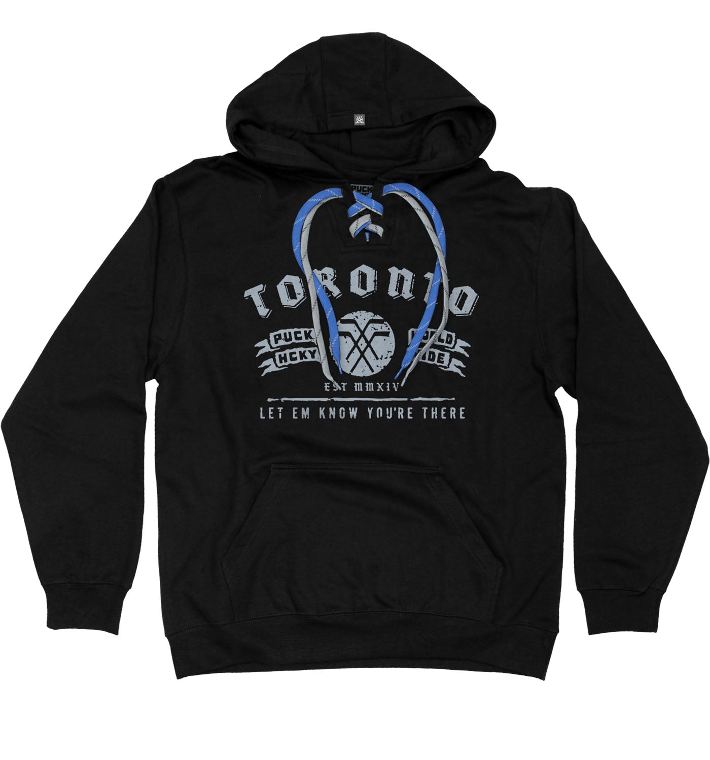 PUCK HCKY 'TORONTO' laced pullover hockey hoodie in black front view