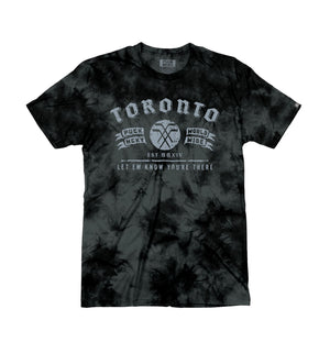 PUCK HCKY 'TORONTO' short sleeve hockey t-shirt in black and grey tie-dye front view
