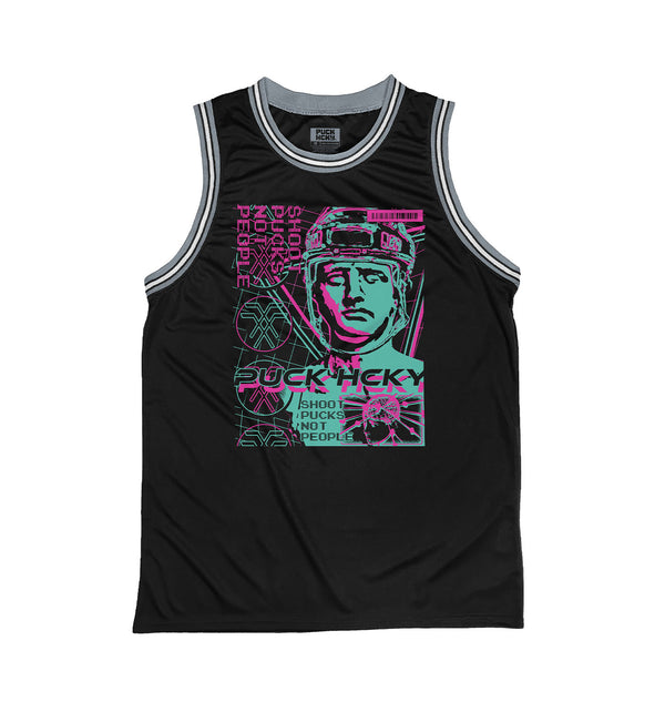 PUCK HCKY 'VAPORWAVE' sleeveless basketball jersey in black, grey, and white front view