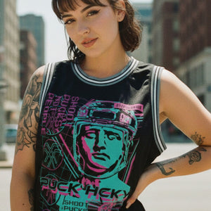 PUCK HCKY 'VAPORWAVE' sleeveless basketball jersey in black, grey, and white on model