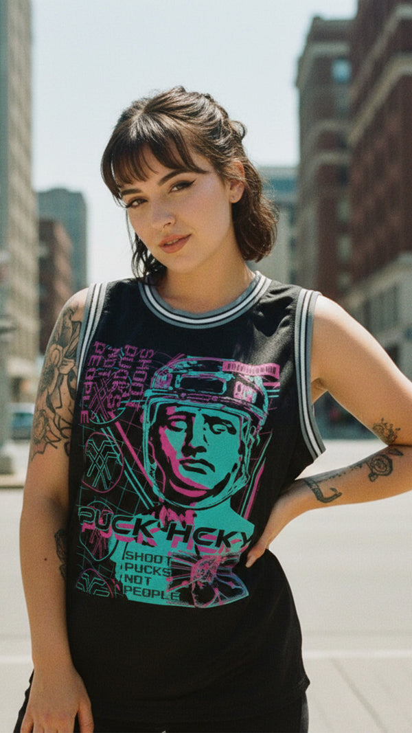 PUCK HCKY 'VAPORWAVE' sleeveless basketball jersey in black, grey, and white on model