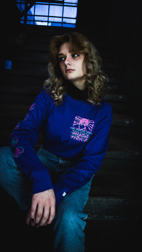 PUCK HCKY 'VAPORWAVE' long sleeve hockey t-shirt in purple front view on model