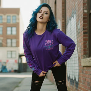 PUCK HCKY 'VAPORWAVE' long sleeve hockey t-shirt in purple front view on model